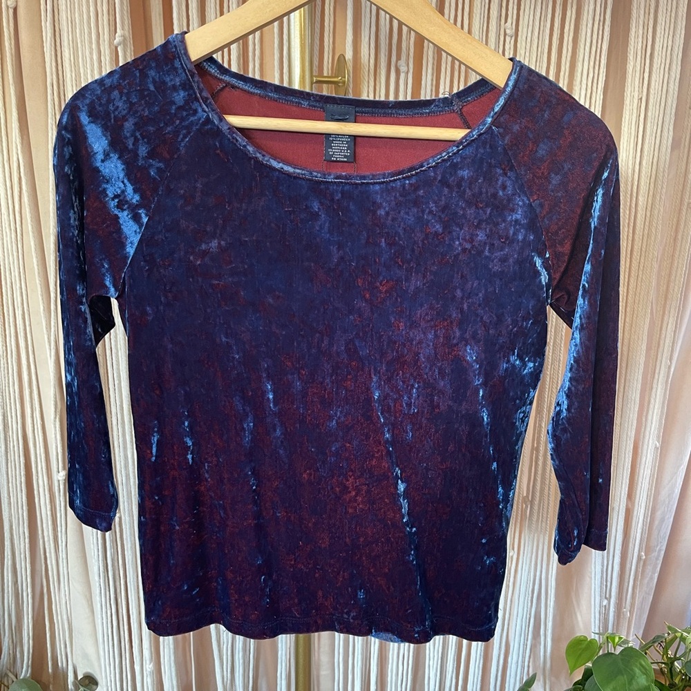 Vintage crushed Velvet Long Sleeve Top blue with maroon undertones two toned